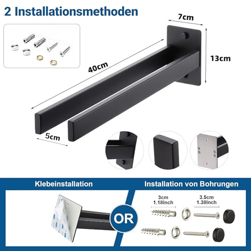Handtuchhalter Wand – Mit 2 Installationsmethoden (Ohne Bohren oder Zum Bohren) für Badezimmer, Küche und Wohnzimmer (Schwarz)