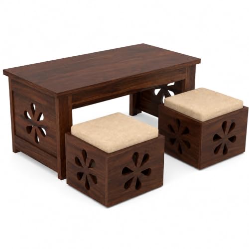 Image of Solid Sheesham Wooden Coffee Table With 2 Cushioned Stool|Teapoy Center Piece for Home Sofa Center Table for Living /Drawing Room,Hall|Space Saving Tea Table Set(Walnut Finish)Floral Jali