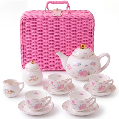Giggle & Honey Floral Porcelain Tea Set for Girls Kids Tea Party Picnic Basket with Teapot Cups & Saucers Pink Carry Case Birthday Gifts for Girls Ages3 4 5 6 7 8