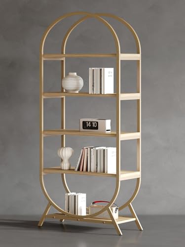 Kogven Bookshelf Arched Bookcase, Industrial 5 Tier Open Book Shelves with Metal Frame, 72' Tall Freestanding Display Rack for Home Office, Living Room,Nature Wood and Gold