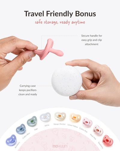 Image of Moyuum Silicone Macaron Pacifier | Made in Korea, BPA Free One-Piece Design Baby Soother, Soft Orthodontic Shape with Air Holes, 2 Pack with Travel Case, Newborn 0-3 Months (Mango+Pink, Stage 1)