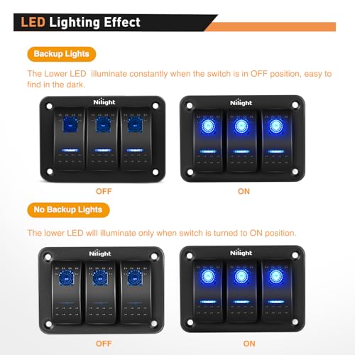 Image of Nilight 90017C 3 Gang Aluminum Panel Toggle Dash 5 Pin On /Off Pre-Wired Rocker Switch Holder for Automotive Car Marine Boat, 2 Years Warranty,Blue
