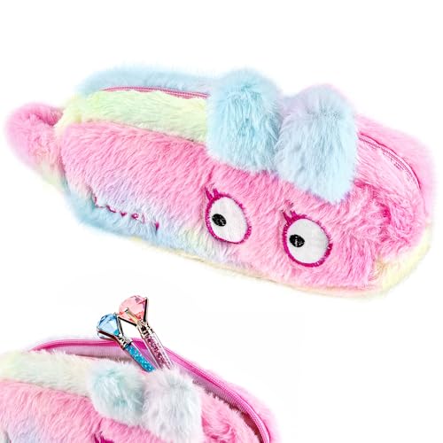 Biiange Estojo de lápis fofo, bolsa de lápis Kawaii, estojo de pelúcia de coelho de olhos grandes, caixa de caneta com zíper, bolsa de armazenamento de papelaria, bolsa de maquiagem, para trabalho