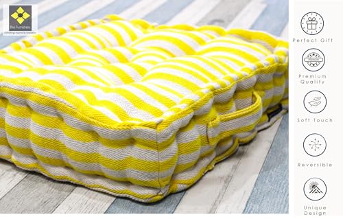 Image of Weaved Quilted Floor Cushion 50x50x10 cm Yellow Stripe with Cotton Filler Large Size for Seating, Patio Seat, Meditation, Yoga, Pooja, Guests, Living Room, Bedroom Size - 20x20x4 Inch