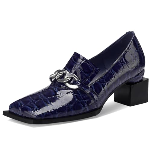 Image of Loafers for Women Patent Leather Buckle Square Toe Chunky Block Dress Slip On Wide Casual Comfortable Dressy High Heels Ladies Comfort Moccasins Elegantes 2 Inch Shoes
