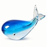 Hand Blown Glass Whale Figurine, 5.1" Blue Crystal Ocean Animal Sculpture