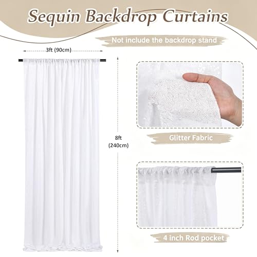 Image of White Sequin Backdrop Curtains-2 Panels 3FTx8FT White Backdrop for Wedding, Glitter Party Decorations Background Drapes for Birthday Party Anniversary Graduation Photo Booth Decor
