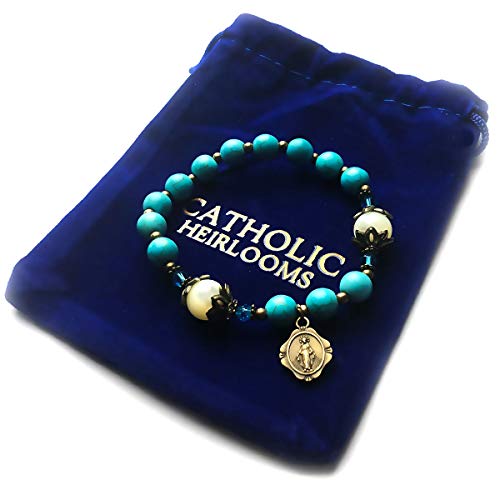 Turquoise and Mother of Pearl Stone Catholic Rosary Bracelet for Women with Virgin Mary Our Lady of Graces Medal Charm - Catholic Gifts Women3