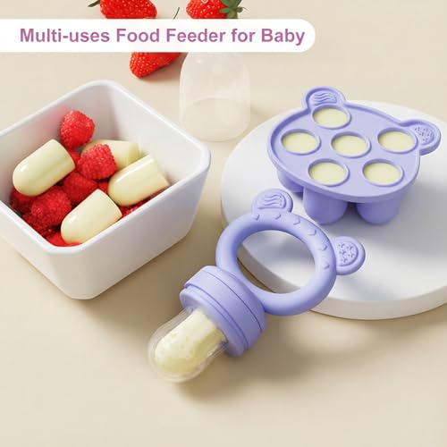 Image of Baby Breastmilk Popsicle Molds & Baby Fruit Feeder, Infant Food Freezer Tray Storage Containers, Silicone Teething Pacifier Feeder and Teether for Babies,Boys and Girls-Purple