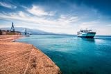 adrium Póster de 60 x 40 cm con escena soleada de la mañana del puente Rion-Andirion y el ferry, multicolor con vista primaveral del Golfo de Corinto, Grecia (96465816)