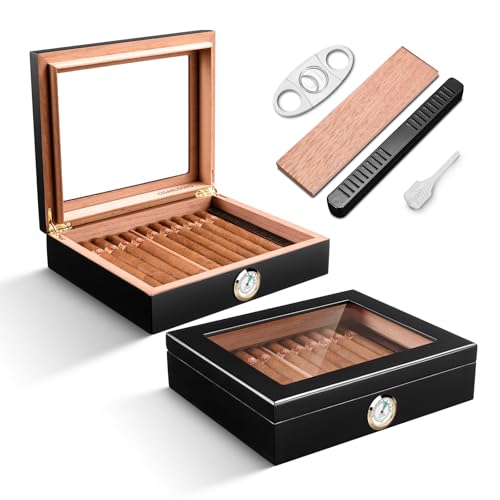 Zigarren Humidore Spanisches Zedernholz, Eleganter Humidor mit Hygrometer und Befeuchter & Zigarrenschneider Zedernholz Humidor Etui Zigarren-Desktop-Box Geschenke für Männer (Schwarz) Zigarren Humidore Spanisches Zedernholz, Eleganter Humidor mit Hygrometer und Befeuchter & Zigarrenschneider Zedernholz Humidor Etui Zigarren-Desktop-Box Geschenke für Männer (Schwarz)