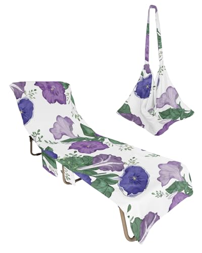 Purple Spring Floral Beach Lounge Chair Towel Cover, Soft Chaise Lounge Towel with Side Pockets Patio Pool Chairs Cover for Beach/Pool Sunbathing 29x85 Green Summer Botanical Watercolor