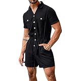 Mens Rompers Jumpsuits Cotton Linen Button Down Short Sleeve One Piece Drawstring Shorts Coverall Tracksuits with Pockets(Black,Medium)