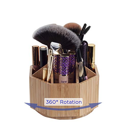 MobileVision Bamboo Rotating Makeup Organizer, Multiple Compartments, 9 Sections for Cosmetic Brushes, Lipsticks, Eye Liners, Accessories, Beauty Products & More