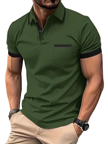 zitysport Polo Hombre Manga con Bolsillo en el Pecho Golf Polo Transpirable de Secado Rápido Poloshirt Deporte Slim Fit Tshirt Verano Camisa Hombre(Verde Militar-M)