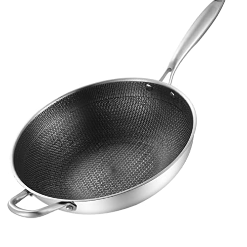 Wok de acero inoxidable con mango largo y fondo plano 34cm miniatura 3