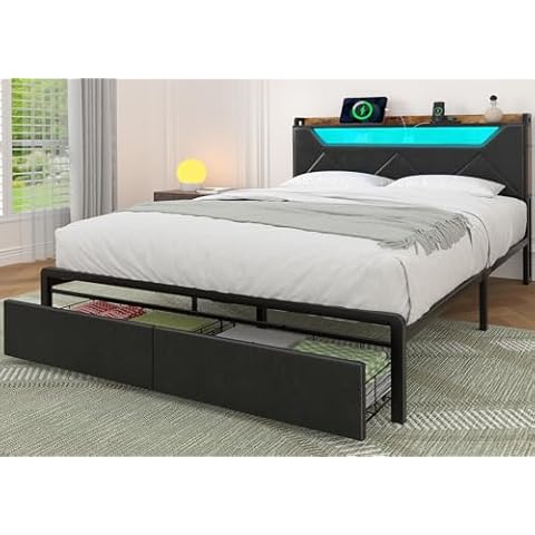 Queen Bed Frame with Storage Headboard and 2 Drawers, Leather Bed Frame Queen Size with Charging Station & LED Light, Heavy Duty Bed Frame Support, No Box Spring Needed, Noise Free, Black Cover