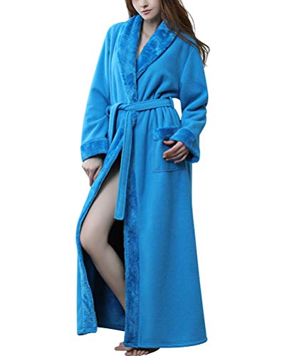 Suncaya Mujer Albornoz Larga súper Felpa Collar Señoras Invierno Bata de Noche Franela Ropa de Dormir Azul Claro M