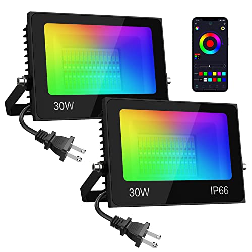 Olafus LED RGB Flood Light 150W Equivalent, Smart Flood Light Dimmable APP Control Color Changing 30W, IP66 Waterproof Christmas Decorations 2700K-6500K, 16 Million Colors Grouping Timing 2 Pack Party