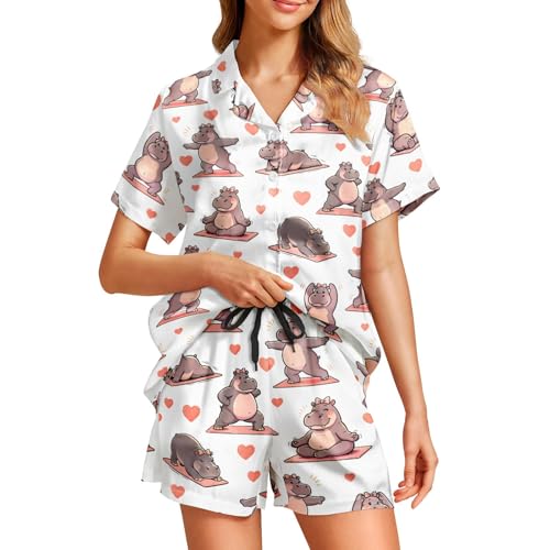 Image of Funny Pajamas for Women Set Print Satin Loungewear Pjs Short Sleeve Button Down Top and Shorts Sets Sleepwear XS-3XL