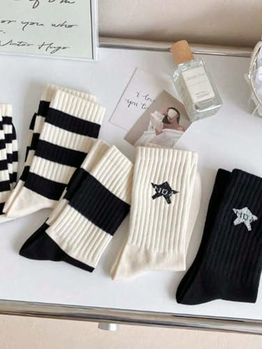 Image of Verdusa Women's 5 Pairs Striped Crew Socks Casual Athletic Socks Black and White 36-39