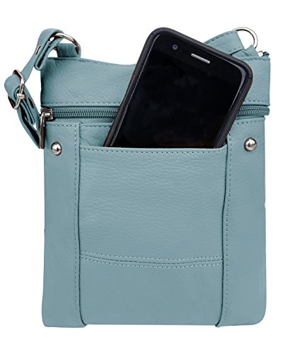 Roma Leathers' Cross Body Purse - Premium Light Blue Colored Cowhide Leather - Multi Zippered Pockets - Front Organizer Pocket With Credit Card Slots - Adjustable Shoulder Strap - Designed in U.S.A.4