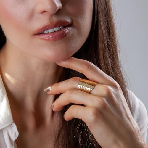 18K Gold or 925 Sterling Silver Plated Adjustable Hammered Ring for Women - Hypoallergenic Chunky Wide Band Rings for Women, Made in the USA4