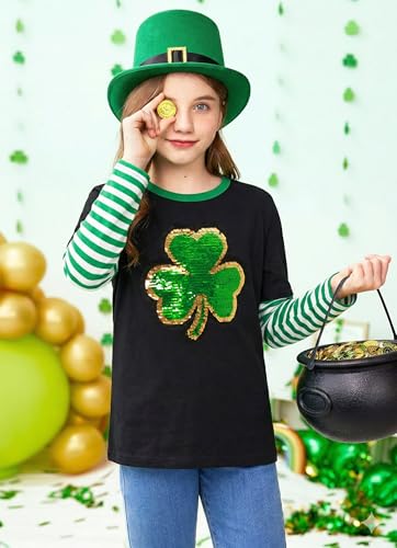 Image of Unisex Kid's St Patrick's Day Shamrock Top Striped Patchwork Irish Clover Long Sleeve Shirt 4-14 Years