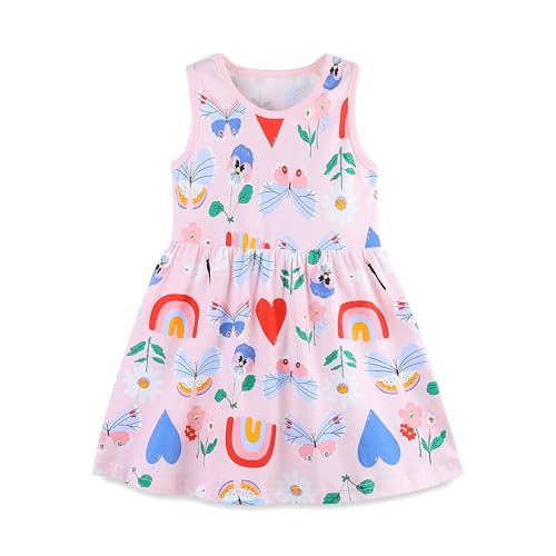 Image of HILEELANG Little Girls Cotton Dress Sleeveless Casual Summer Sundress Flower Printed Jumper Skirt