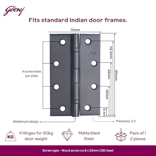Image of Godrej Door Fittings I Door Butt Ball Bearing Hinge 5 inch x 12 Gauge | Matte Black Finish I 2 Pcs I Heavy Duty SS304 125x75x2.5mm Door Hardware| Premium Kabza for Wooden Doors | 1 Yr Warranty