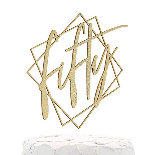 NANASUKO 50th Birthday Cake Topper - fifty - with Modern Geometric Frame - Double Sided Gold Glitter - Premium Quality Made in USA