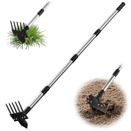 2-in-1 Heavy-Duty Weed Puller Tool with 5-Tine Rake – 30" to 60" Adjustable Handle, Hoes for Gardening, Hoe Garden Tools for Loosening Soil, Planting, Weeding