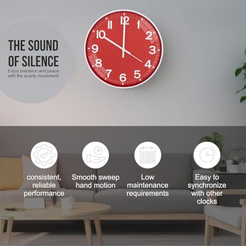 Image of Rylan Wall Clock 12 inch Silent Quartz Decorative Wall Clock Non-Ticking Classic Clock Battery Operated Round Easy to Read for Room /Home /Kitchen /Bedroom /Office /School(Red)'