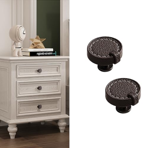 Image of 2 Pack Leather Cabinet Knobs Hand-Stitch Dark Brown Round Drawer Pulls for Cabinets, Cupboard, Dressers, Drawers, Bedroom