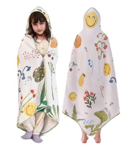 Image of SMILEYWORLD Kids Hooded Beach Towels, 45 inch x 45 inch Large Oversized Bath Towels, 100% Cotton Toddlers Swimming Pool Towels, Absorbent Six-Layer Gauze Quick Dry Wrap for Boys Girls (Garden Pattern)