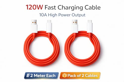 Image of 120W Ultra Fast Charging Cable, USB Type-A to Type-C, 10A High Speed, Pack of 2, 1m Red TPE Unbreakable, VOOC SuperVOOC Warp Dart Flash Compatible (2, 100, Centimeters)