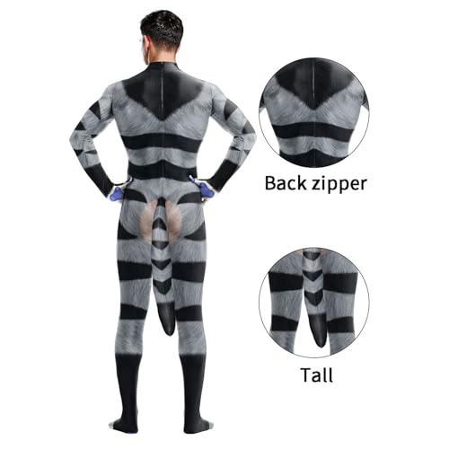 Image of Animal Full Bodysuit for Men Muscle Spandex Jumpsuit Furry Costume with Big Tail for Adult Cosplay Halloween Party