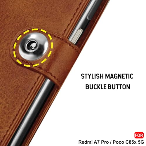 Image of TheGiftKart Genuine Leather Finish Flip Back Cover Case for Mi Redmi A7 Pro /Poco C85x 5G / C81 | Inbuilt Pockets & Stand | Designer Button Magnet Flip Back Cover Case (Faux Leather, Brown)