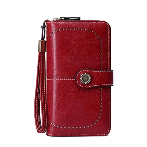RFID Women Long Leather Wallet Large Capacity Purse Clutch Bag Coin Zipper Money Purse with Strap (Red,3.5cm*11cm*19cm)
