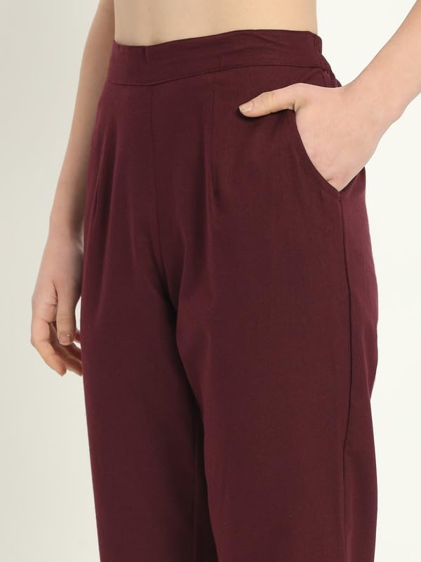 Image of Women's Solid Straight Fit 100% Cotton Trousers | High Waist, Side Pockets, Ankle Length Pants for Office, Casual