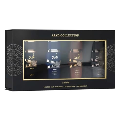 Lattafa Asad 4-Piece Gift Set 25ml Mens Oriental Fragrance Collection | Asad Elixir Bourbon & Asad Zanzibar LE