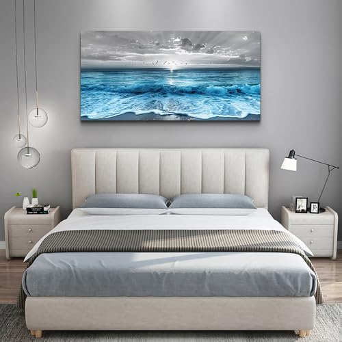 ERQINHUA Large Canvas Wall Decor For Living Room Wall Art For Bedroom Office Dining room Decorations Blue Sea Wave Ocean Paintings Beach Artworks Wall Pictures Modern Inspiration Home Decor 24"X48"