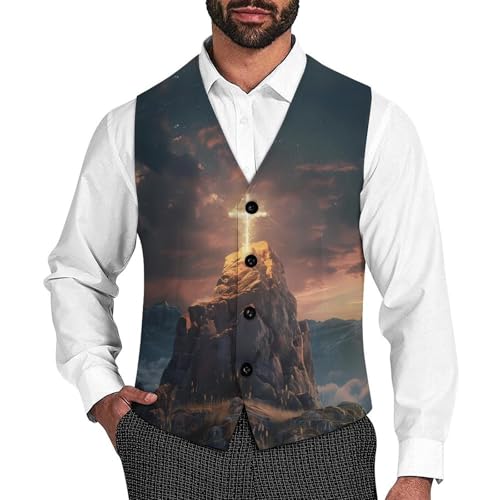 Jesus Crosss 3D Print Men's Suit Vests Business Formal Dress V-Neck Waistcoat Tops with 2 Pockets