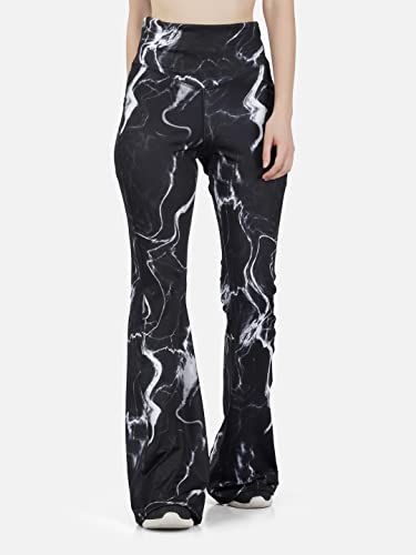 Image of Imperative Women's High Waist Flare Yoga Pants, Black Marble Print Gym Tights with Pockets, Stretchy Bell Bottom Workout Leggings, Daily Use Flared Palazzo for Woman