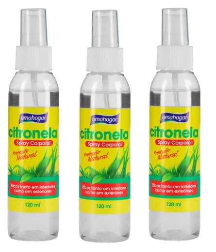 Pack de 3 Sprays Corporal de Citronela Antimosquitos 120 ml. Protección natural. Esencias naturales. Perfecto para el Verano, en Interiores y Exteriores.