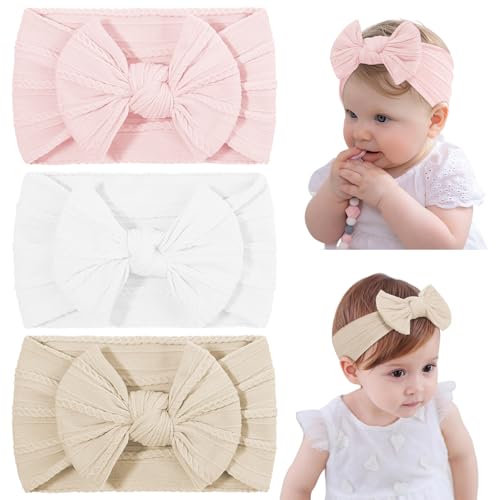 DiULi Bebé Niña Diademas, 3 Colores Conjunto de Diademas para Niñas, Elástica Cintas de Pelo Nylon para Neonatal Lactante Niño Pequeño Niños, Anchas Hairband con Lazo de Tela (Conjunto D 3pcs)