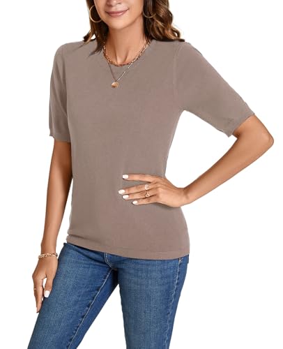 Image of Womens Short Sleeve Sweaters Tops Crew Neck Pullover Shirt Lightweight Knit Sweater Blouse