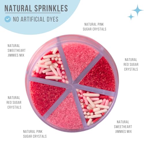 Image of Sweets Indeed Valentines Dye Free Sprinkles | Red & Pink Sanding Sugar with Red White Pink Jimmies Mix | Baking & Decorating | No Artificial Dyes | 6-Cell Jar 2.75 oz