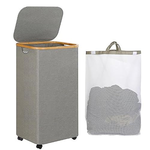 RETSAMV Bambus Wäschekorb 110L mit Rollen und Deckel, faltbare Wäschebox für Bad und Schlafzimmer (GRAY)