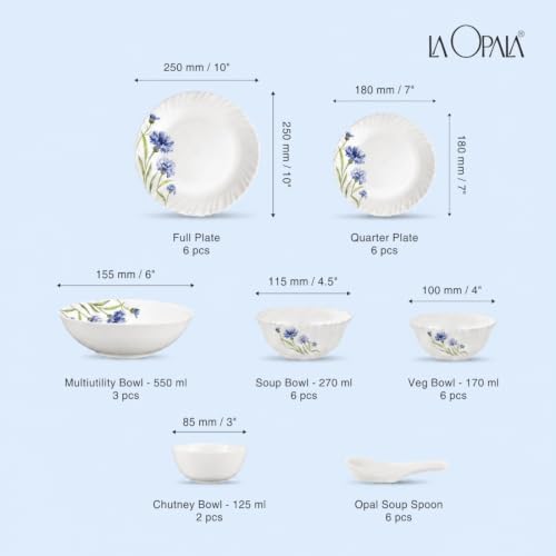Image of La Opala Novo Opalware Dinner Set, 35 Pcs for Family of 6, Floral Fountain